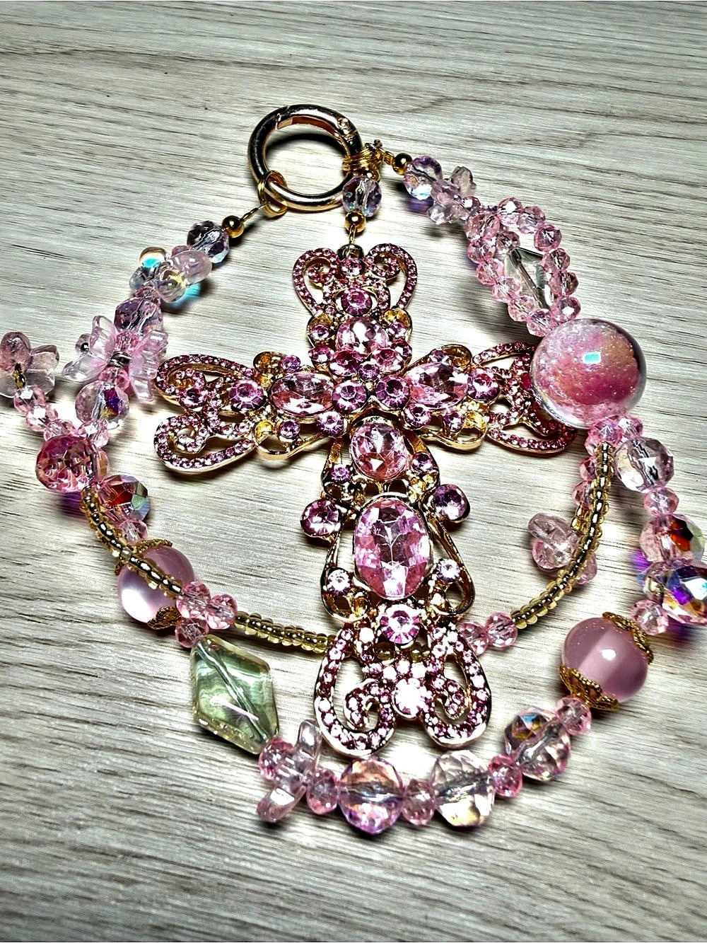 Pink Beaded Crystal Cross ✨ Key-Phone-Purse-Bag Accessory Chain✨